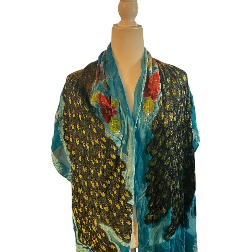 Vintage Hand Embellished Peacock Scarf or Shawl